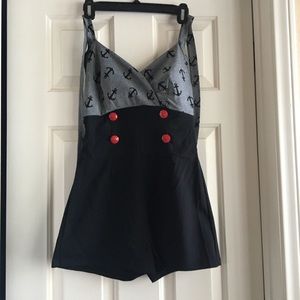 Pinky Pinups Anchor Print Black and Gray Jumpsuit with Red Buttons